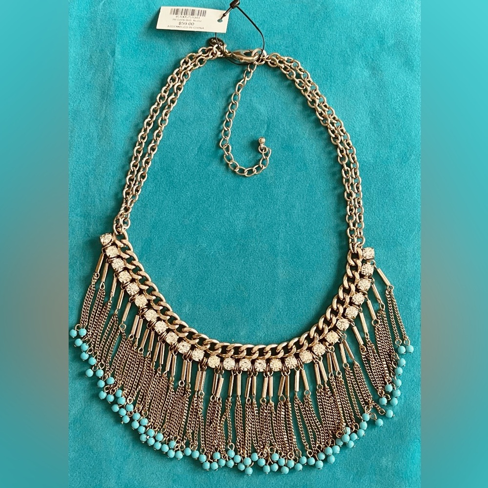 Chicos gold collar chain fringe necklace. Rhinestones & tiny turquoise beads 8”